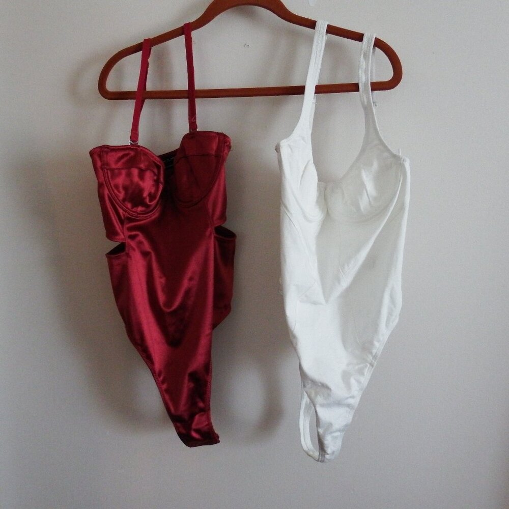 NWOT Lot of 2 Bodysuits Out From Under Maroon Cut-Outs/LIONESS White Thong  S